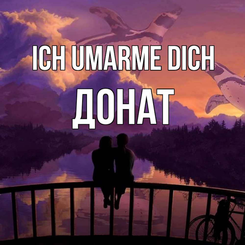 Открытка на каждый день с именем, Донат Ich umarme dich парочка сидит на мосте или на набережной Прикольная открытка с пожеланием онлайн скачать бесплатно 