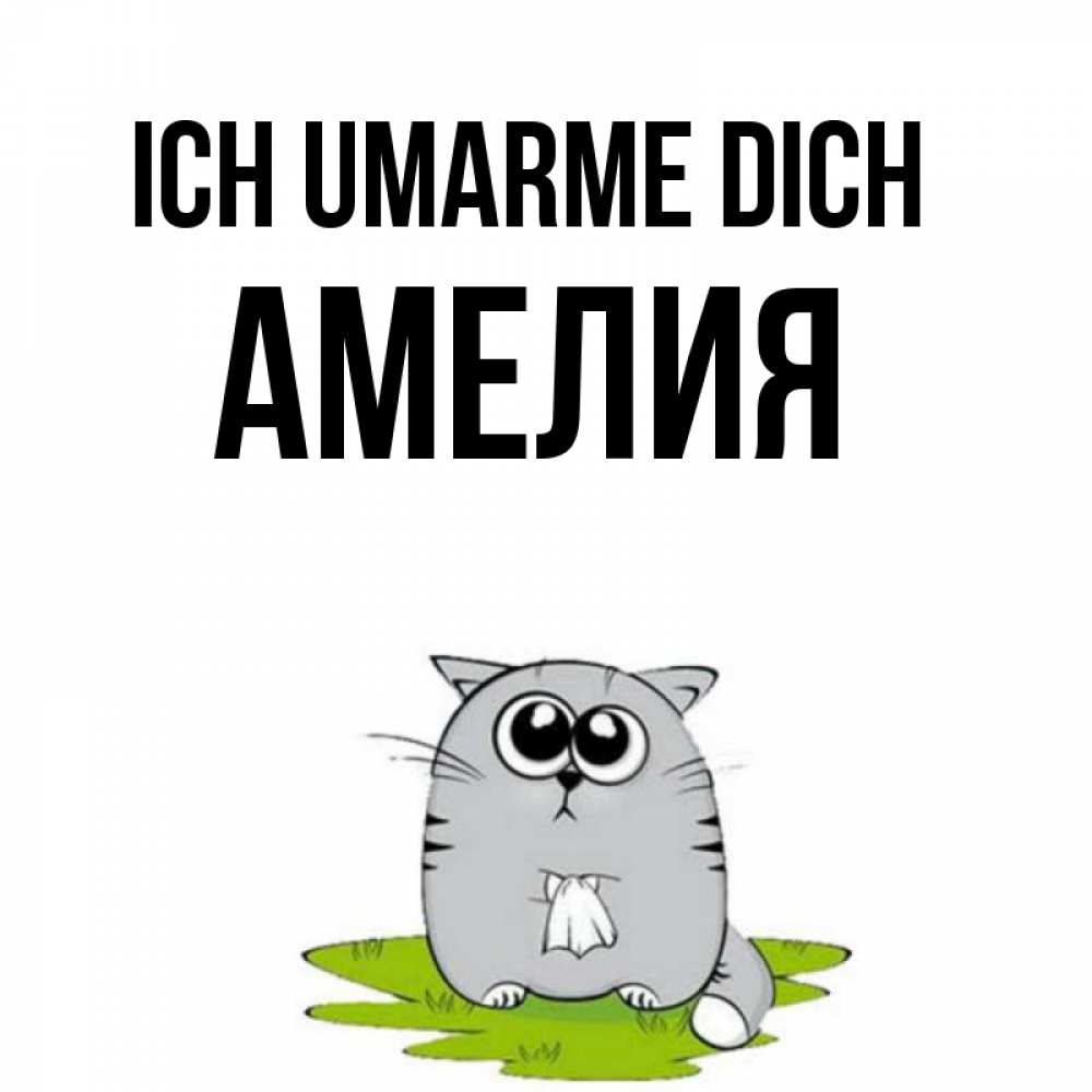 Открытка на каждый день с именем, Амелия Ich umarme dich котик теребит платочек сидя на травке Прикольная открытка с пожеланием онлайн скачать бесплатно 