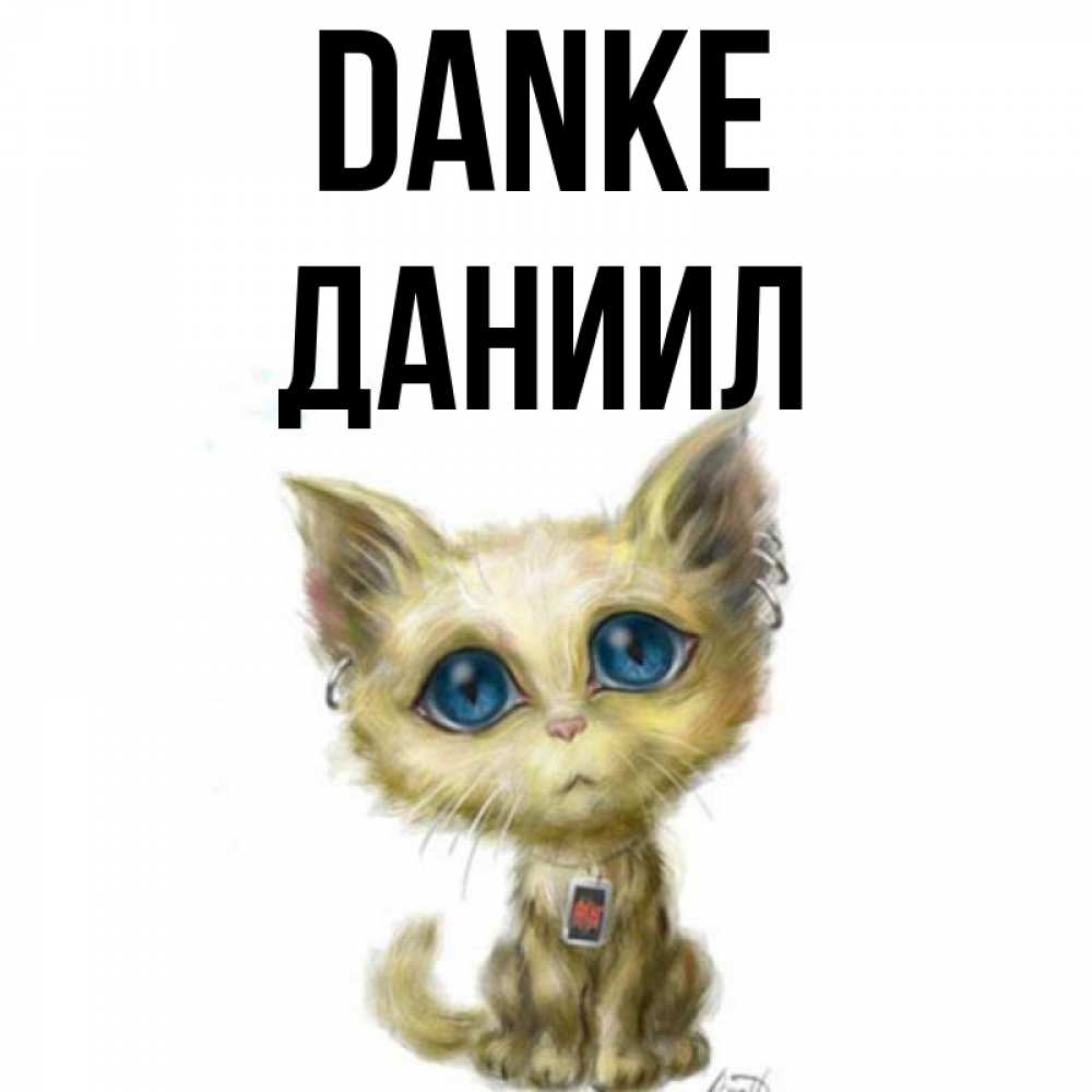 Открытка на каждый день с именем, Даниил Danke рисованный кот благодарит вас Прикольная открытка с пожеланием онлайн скачать бесплатно 