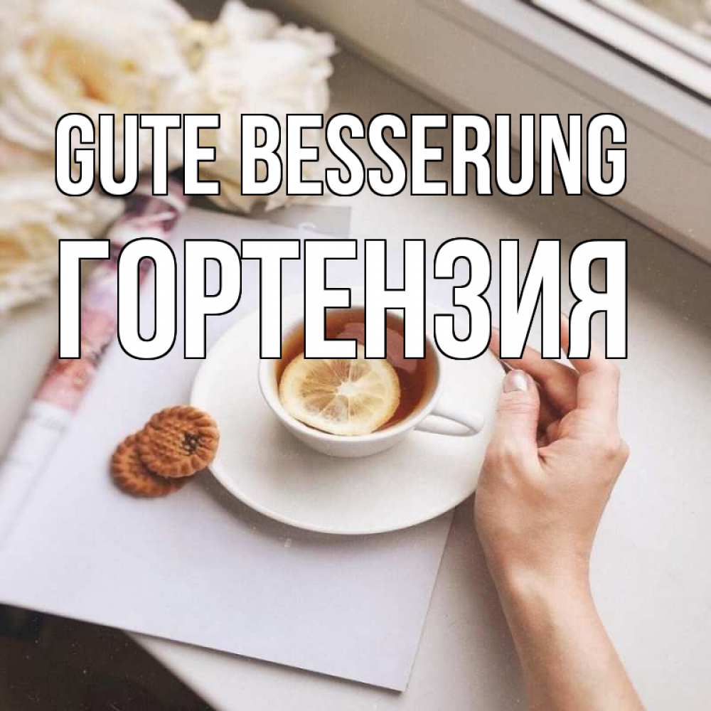 Открытка на каждый день с именем, Гортензия Gute Besserung и печеньками Прикольная открытка с пожеланием онлайн скачать бесплатно 