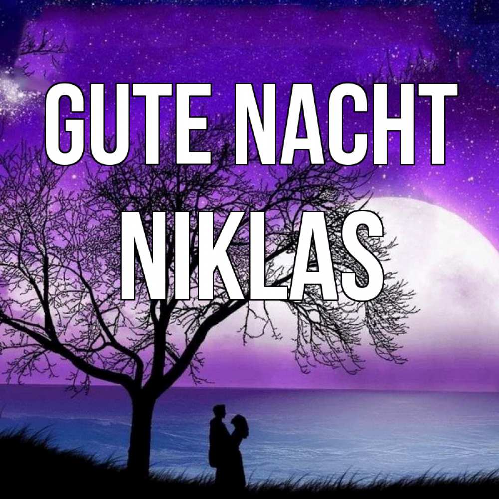 Открытка на каждый день с именем, Niklas Gute Nacht огромная луна и парочка Прикольная открытка с пожеланием онлайн скачать бесплатно 