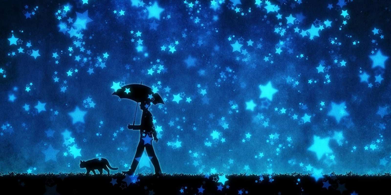 Открытка прогулка под зонтом  ночные прогулки с котом под звездами Gute Nacht 