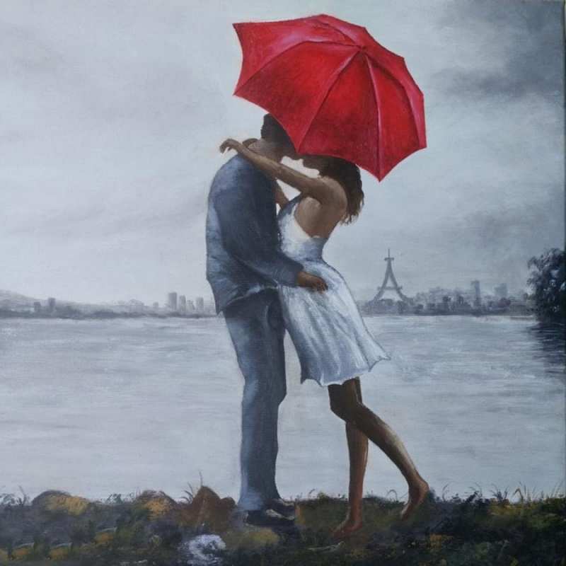 Открытка поцелуй  под красным зонтом  Ich liebe dich 