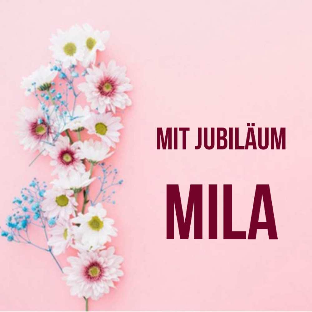 Открытка на каждый день с именем, Mila Mit Jubiläum Родная моя с днем рождения тебя картинка с цветами белыми и голубыми Прикольная открытка с пожеланием онлайн скачать бесплатно 