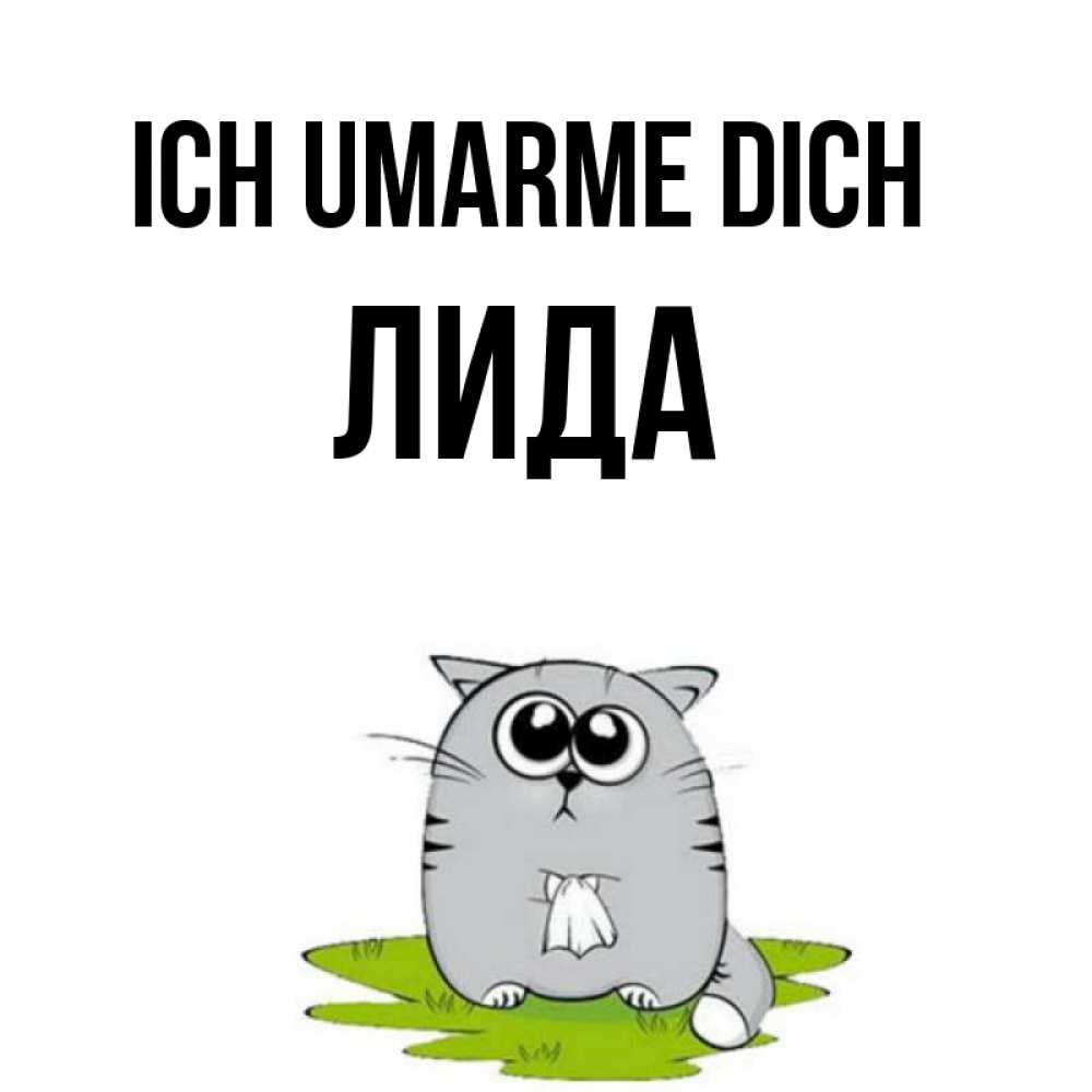 Открытка на каждый день с именем, Лида Ich umarme dich котик теребит платочек сидя на травке Прикольная открытка с пожеланием онлайн скачать бесплатно 