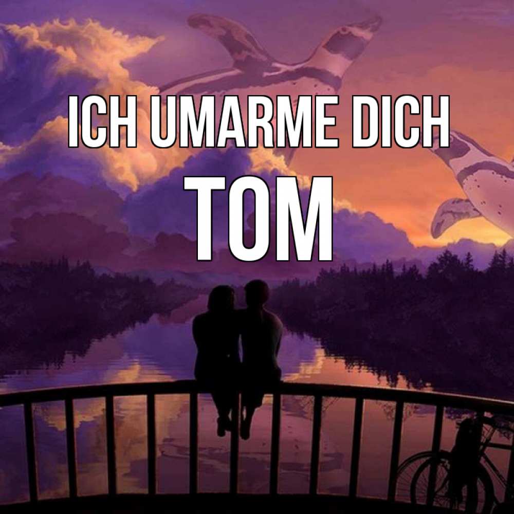 Открытка на каждый день с именем, Tom Ich umarme dich парочка сидит на мосте или на набережной Прикольная открытка с пожеланием онлайн скачать бесплатно 