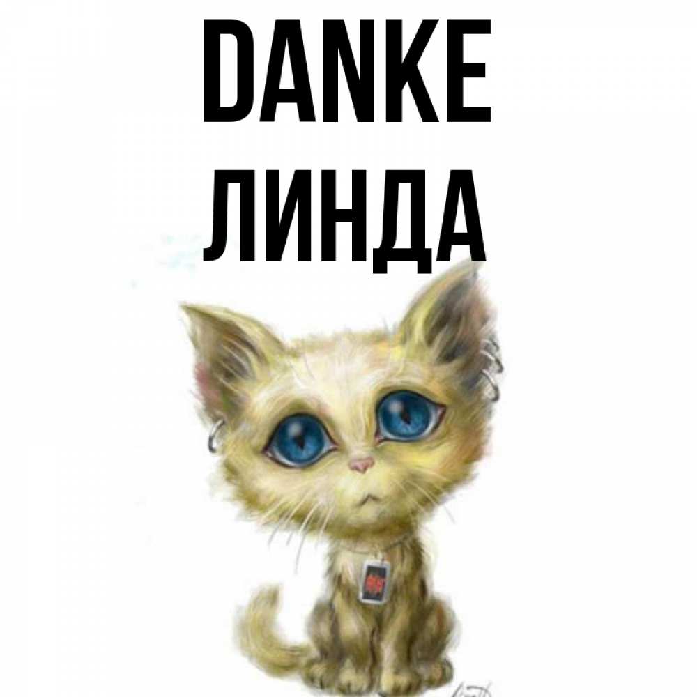 Открытка на каждый день с именем, Линда Danke рисованный кот благодарит вас Прикольная открытка с пожеланием онлайн скачать бесплатно 