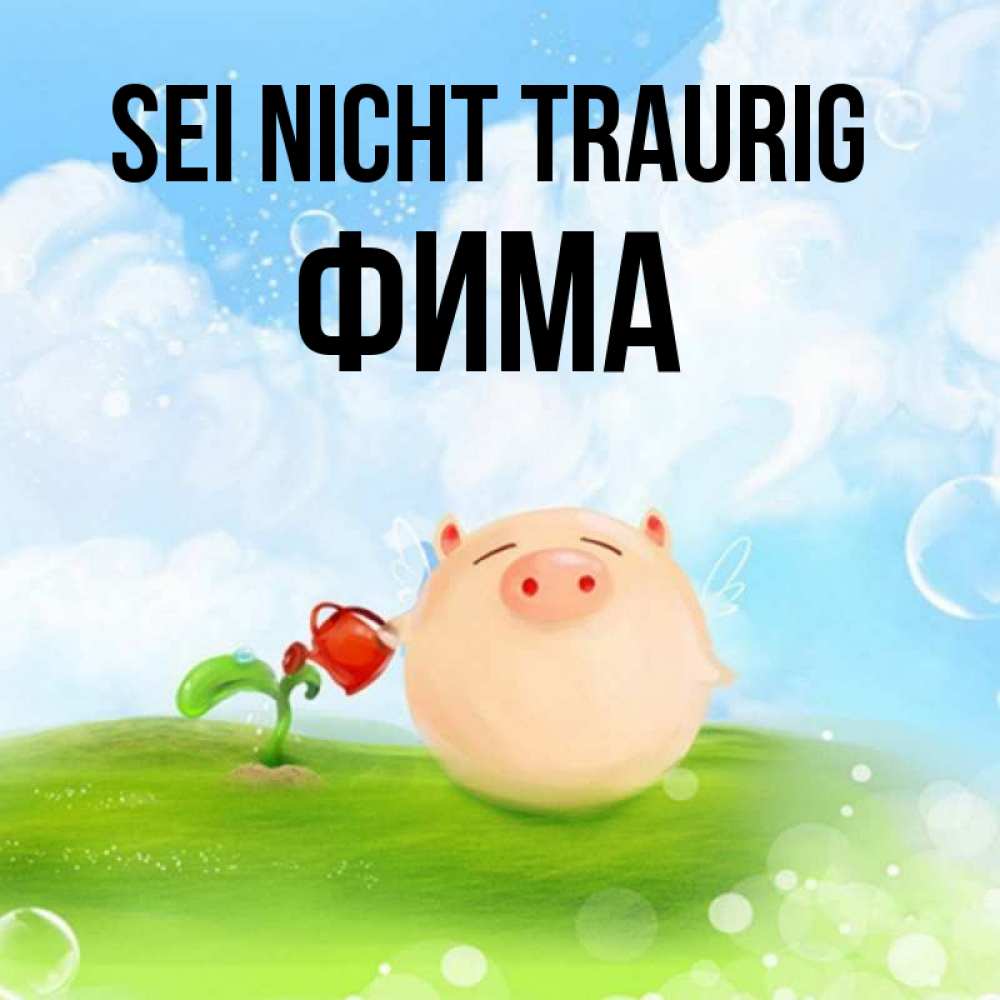 Открытка на каждый день с именем, Фима Sei nicht traurig поливает цветок порося Прикольная открытка с пожеланием онлайн скачать бесплатно 