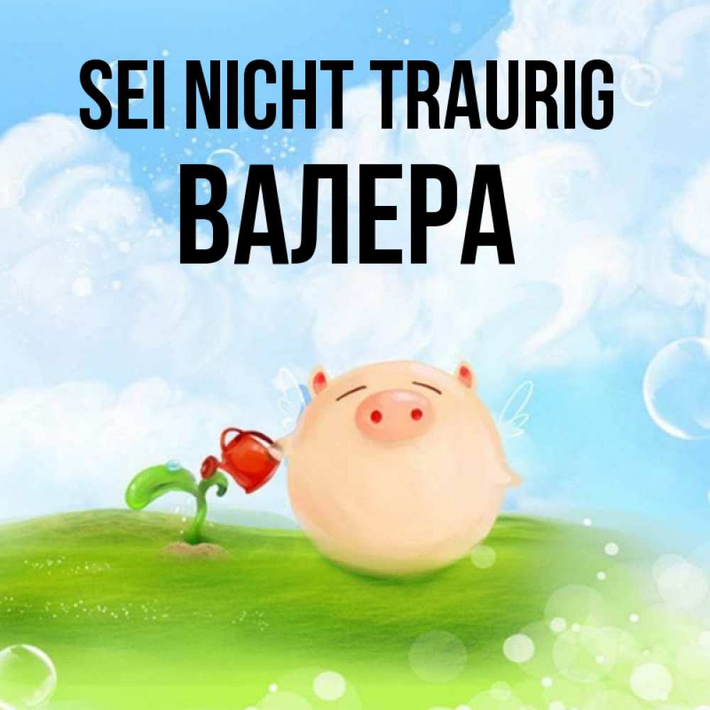 Открытка на каждый день с именем, Валера Sei nicht traurig поливает цветок порося Прикольная открытка с пожеланием онлайн скачать бесплатно 