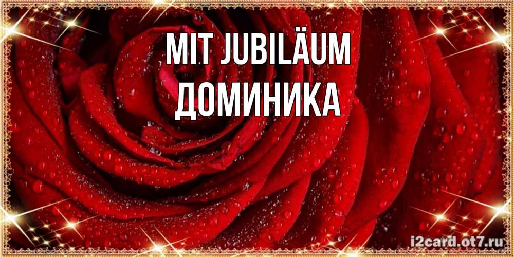 Открытка на каждый день с именем, Доминика Mit Jubiläum роса на розе блестящая в лучах солнца Прикольная открытка с пожеланием онлайн скачать бесплатно 
