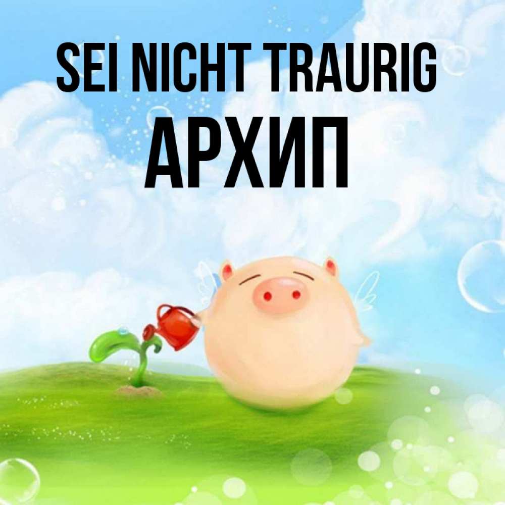 Открытка на каждый день с именем, Архип Sei nicht traurig поливает цветок порося Прикольная открытка с пожеланием онлайн скачать бесплатно 