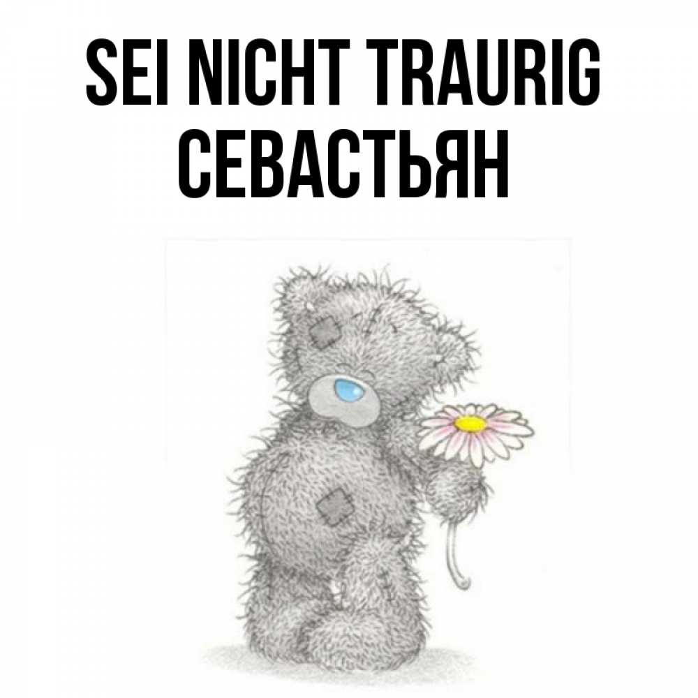 Открытка на каждый день с именем, Севастьян Sei nicht traurig Плюшевый медвежонок с заплатками Прикольная открытка с пожеланием онлайн скачать бесплатно 