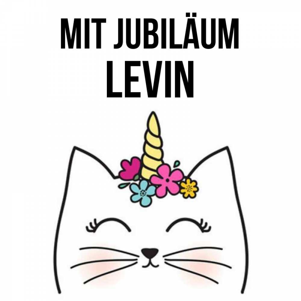 Открытка на каждый день с именем, Levin Mit Jubiläum милый кот с одним рожком Прикольная открытка с пожеланием онлайн скачать бесплатно 