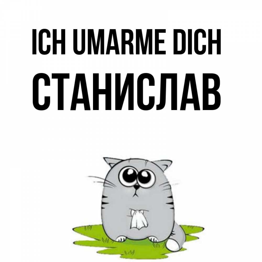 Открытка на каждый день с именем, Станислав Ich umarme dich котик теребит платочек сидя на травке Прикольная открытка с пожеланием онлайн скачать бесплатно 