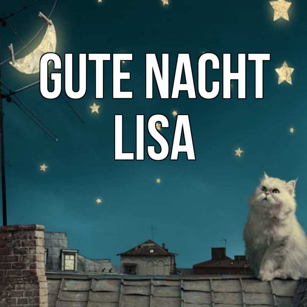 Открытка на каждый день с именем, Lisa Gute Nacht белый кот сидит на крыше Прикольная открытка с пожеланием онлайн скачать бесплатно 