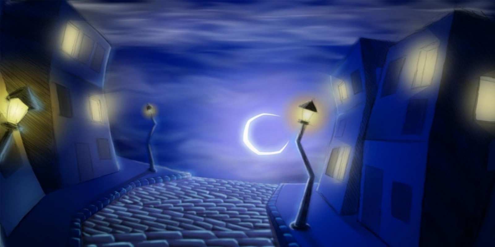 Открытка ночной город фонари луна и свет в окнах сладких снов ночному городу Gute Nacht 