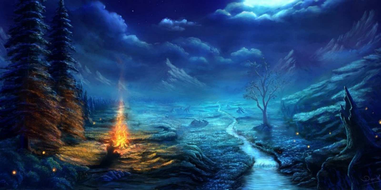 Открытка ночной пейзаж спокойной ночи красивая картинка с подписью Gute Nacht 