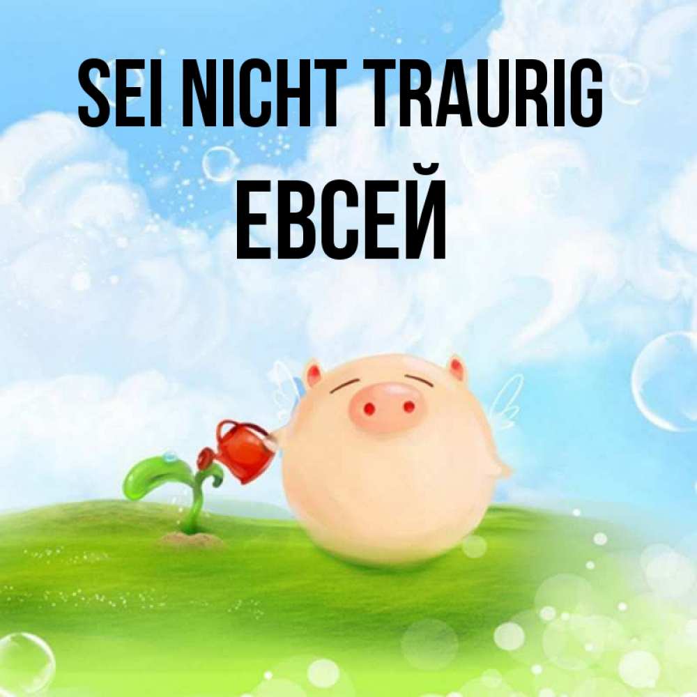Открытка на каждый день с именем, Евсей Sei nicht traurig поливает цветок порося Прикольная открытка с пожеланием онлайн скачать бесплатно 