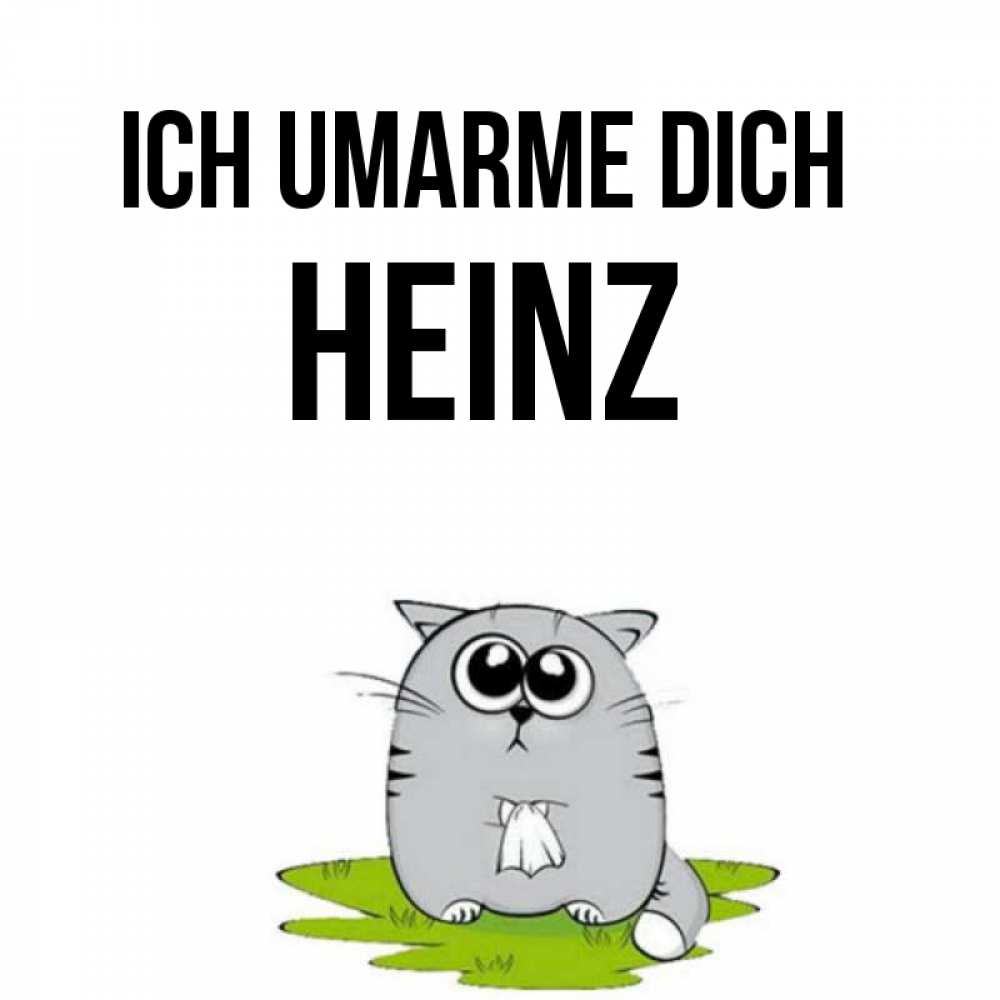 Открытка на каждый день с именем, Heinz Ich umarme dich котик теребит платочек сидя на травке Прикольная открытка с пожеланием онлайн скачать бесплатно 
