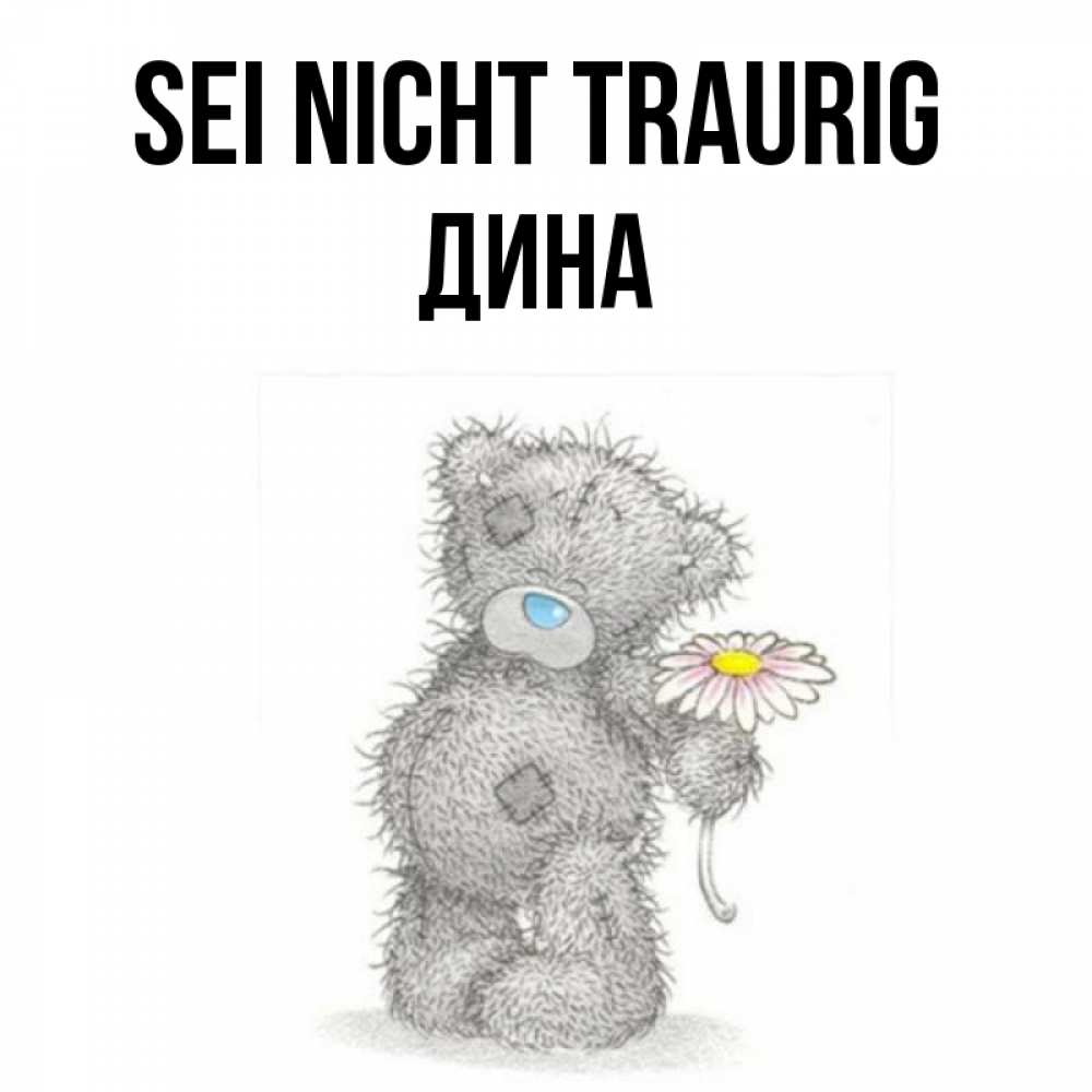 Открытка на каждый день с именем, Дина Sei nicht traurig Плюшевый медвежонок с заплатками Прикольная открытка с пожеланием онлайн скачать бесплатно 
