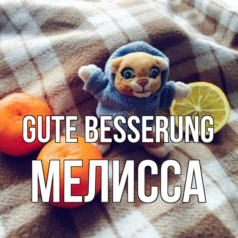 Открытка на каждый день с именем, Мелисса Gute Besserung вот тебе апельсинка и лимон Прикольная открытка с пожеланием онлайн скачать бесплатно 
