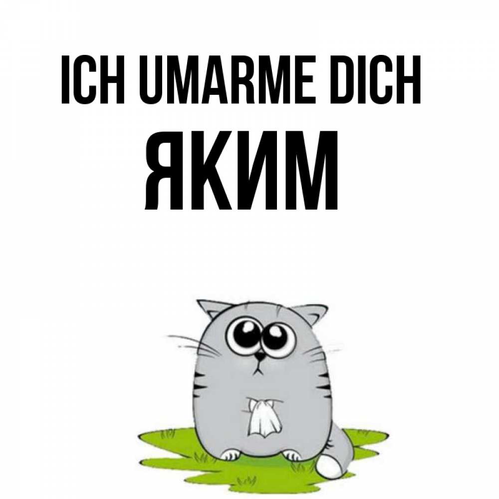 Открытка на каждый день с именем, Яким Ich umarme dich котик теребит платочек сидя на травке Прикольная открытка с пожеланием онлайн скачать бесплатно 