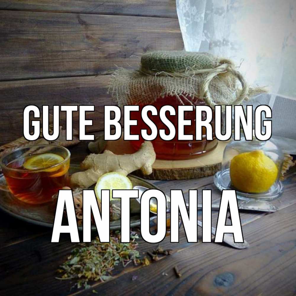 Открытка на каждый день с именем, Antonia Gute Besserung банка с медом Прикольная открытка с пожеланием онлайн скачать бесплатно 