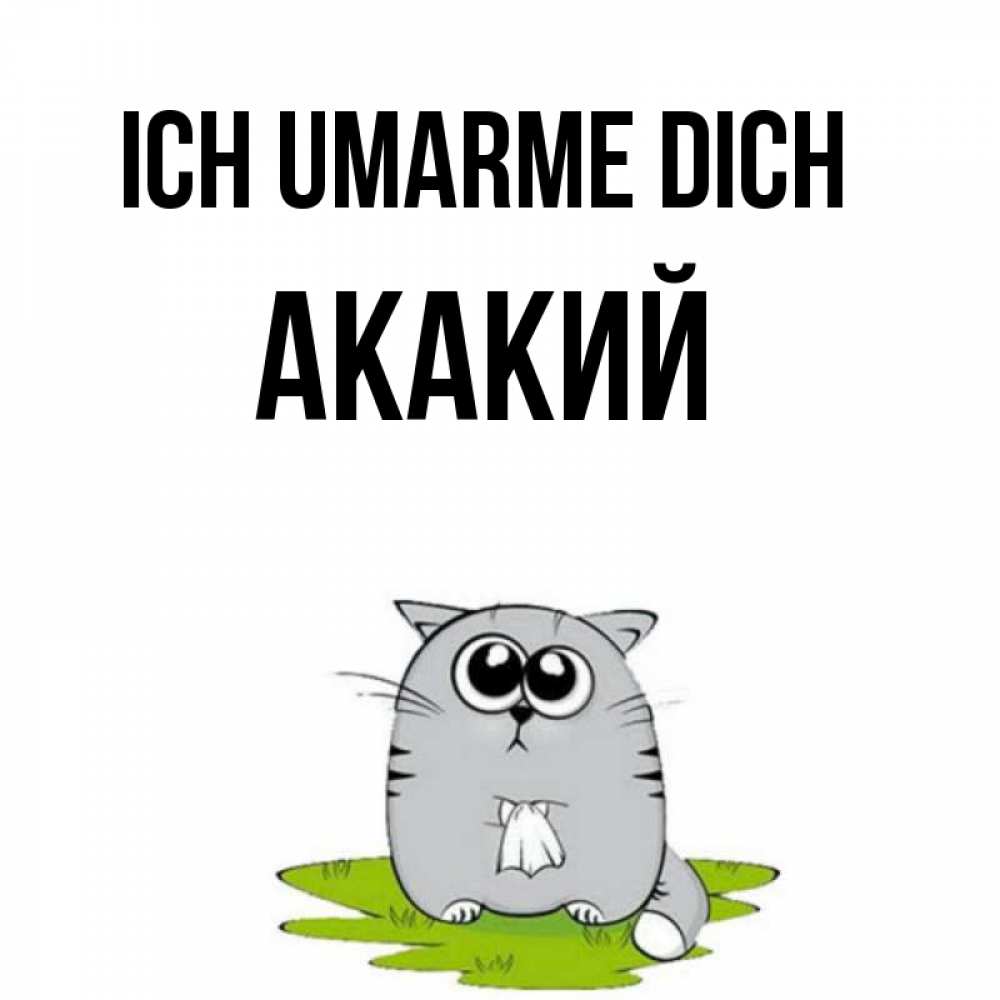 Открытка на каждый день с именем, Акакий Ich umarme dich котик теребит платочек сидя на травке Прикольная открытка с пожеланием онлайн скачать бесплатно 
