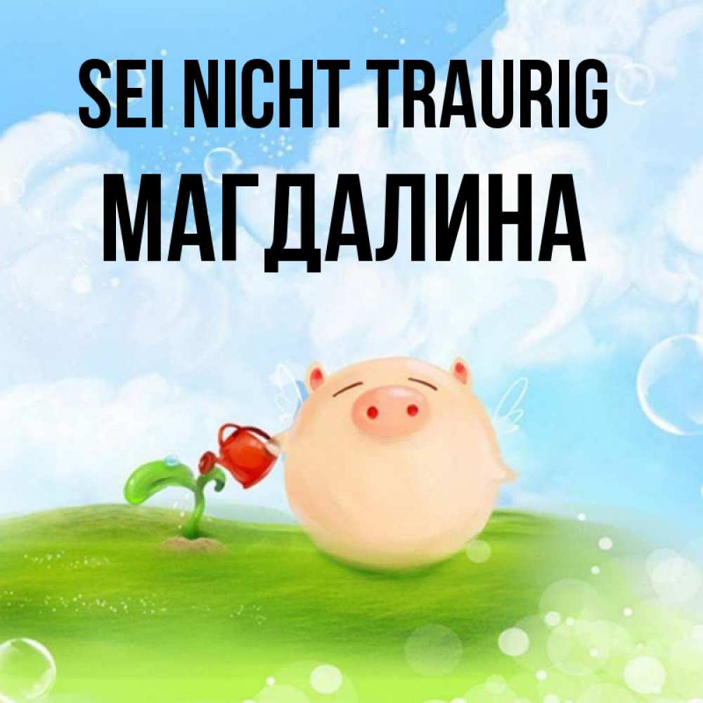 Открытка на каждый день с именем, Магдалина Sei nicht traurig поливает цветок порося Прикольная открытка с пожеланием онлайн скачать бесплатно 