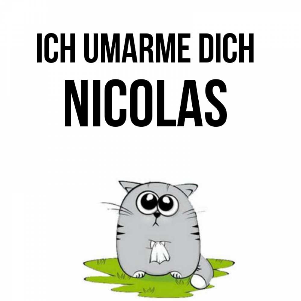 Открытка на каждый день с именем, Nicolas Ich umarme dich котик теребит платочек сидя на травке Прикольная открытка с пожеланием онлайн скачать бесплатно 