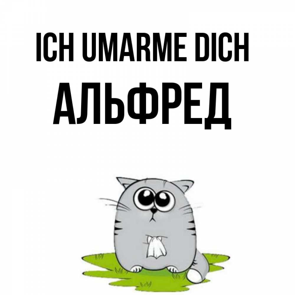 Открытка на каждый день с именем, Альфред Ich umarme dich котик теребит платочек сидя на травке Прикольная открытка с пожеланием онлайн скачать бесплатно 