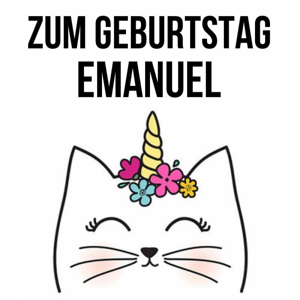 Открытка на каждый день с именем, Emanuel Zum Geburtstag милый кот с одним рожком Прикольная открытка с пожеланием онлайн скачать бесплатно 