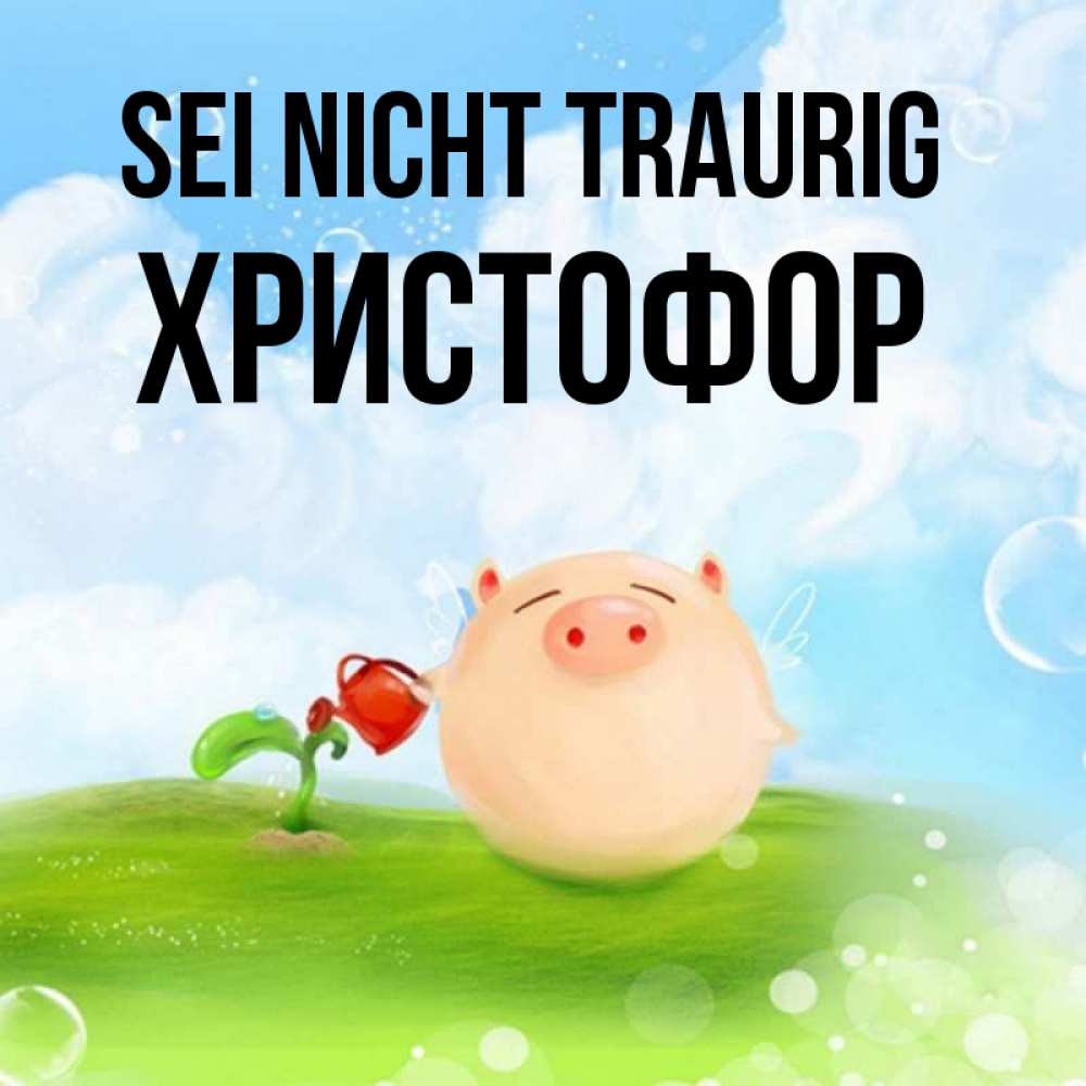Открытка на каждый день с именем, Христофор Sei nicht traurig поливает цветок порося Прикольная открытка с пожеланием онлайн скачать бесплатно 