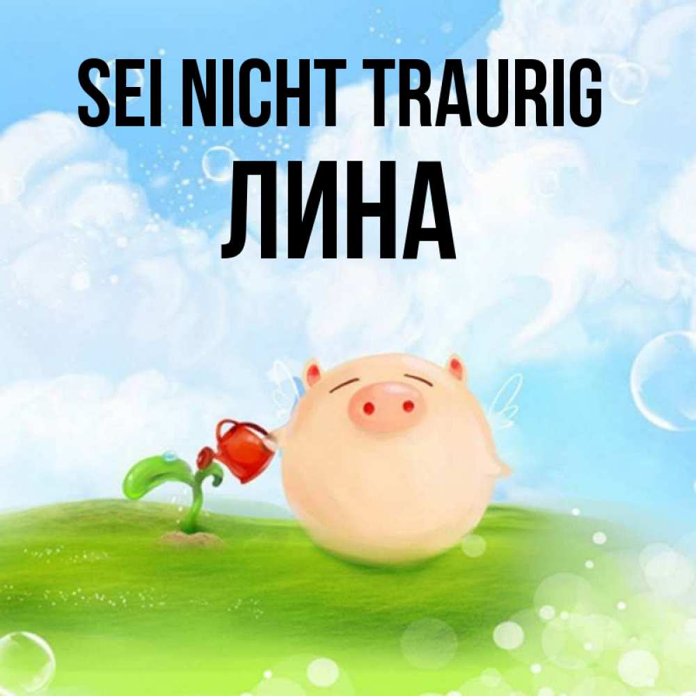 Открытка на каждый день с именем, Лина Sei nicht traurig поливает цветок порося Прикольная открытка с пожеланием онлайн скачать бесплатно 