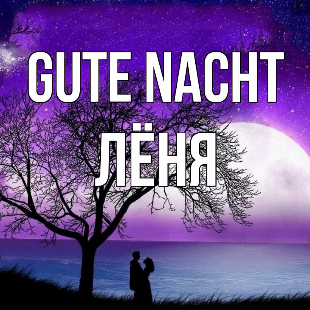 Открытка на каждый день с именем, Лёня Gute Nacht огромная луна и парочка Прикольная открытка с пожеланием онлайн скачать бесплатно 