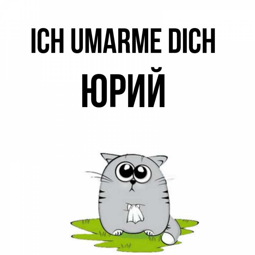 Открытка на каждый день с именем, Юрий Ich umarme dich котик теребит платочек сидя на травке Прикольная открытка с пожеланием онлайн скачать бесплатно 