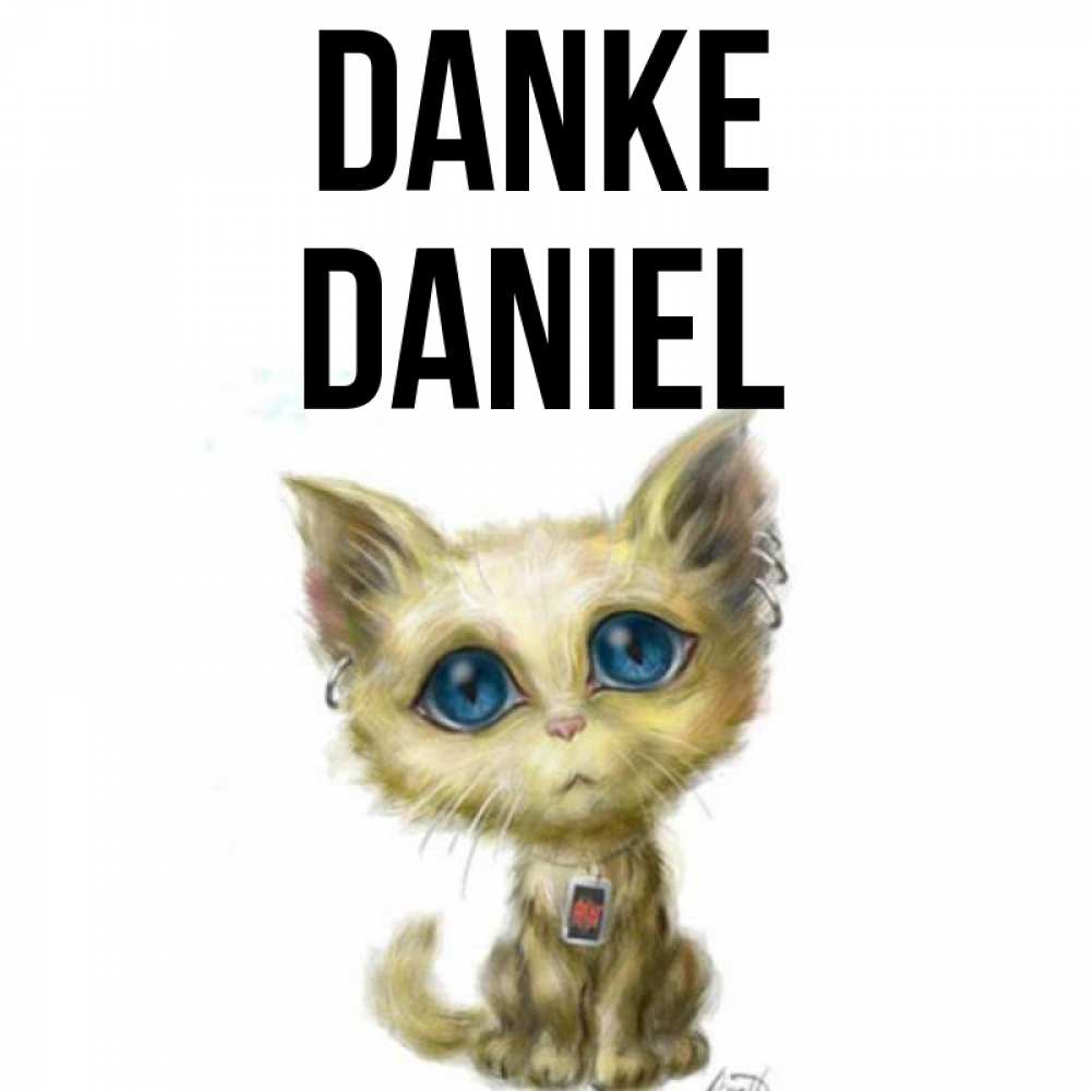 Открытка на каждый день с именем, Daniel Danke рисованный кот благодарит вас Прикольная открытка с пожеланием онлайн скачать бесплатно 