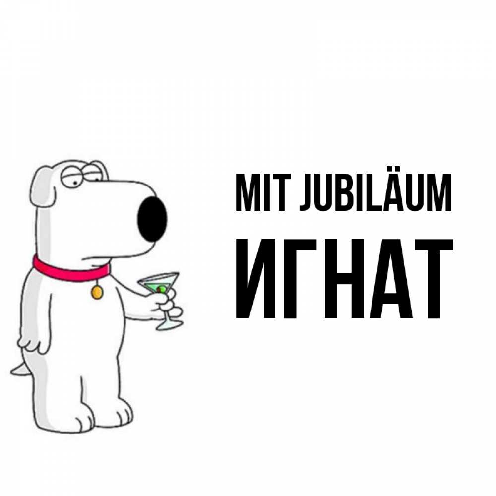 Открытка на каждый день с именем, Игнат Mit Jubiläum песик с оливками Прикольная открытка с пожеланием онлайн скачать бесплатно 