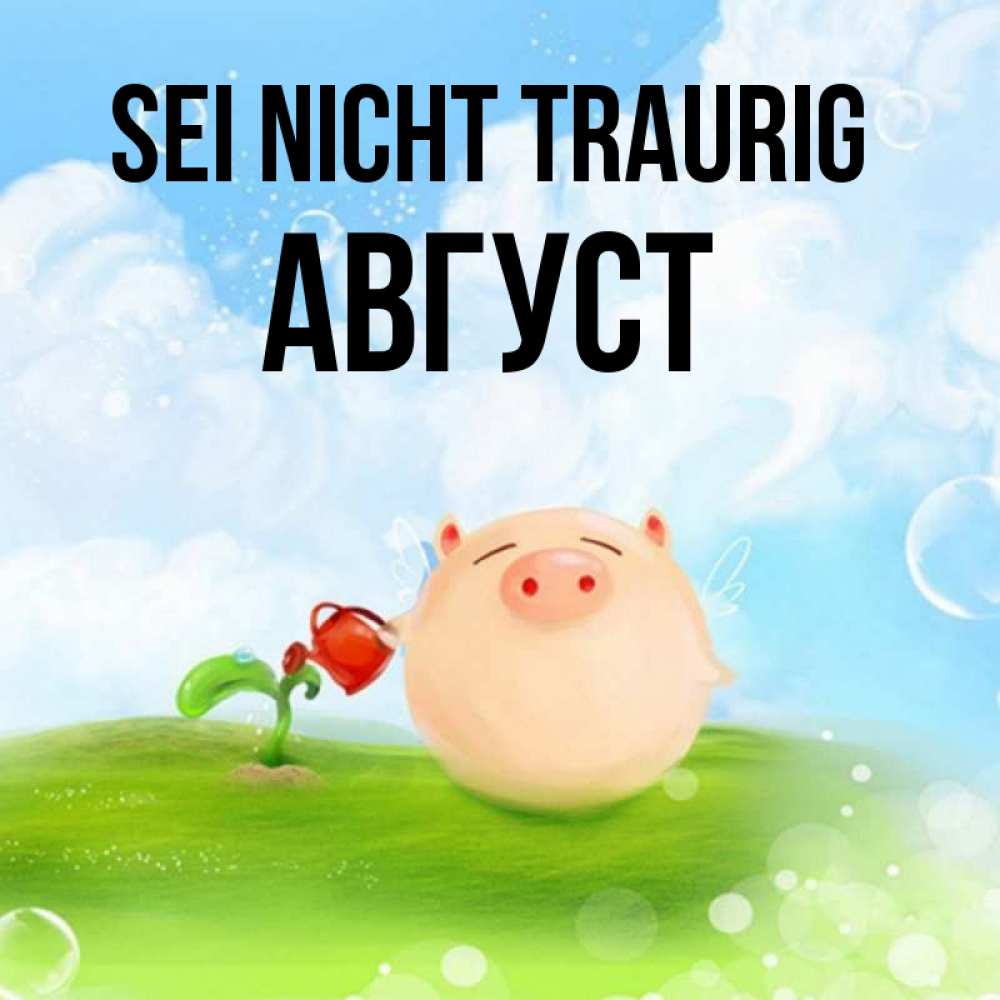 Открытка на каждый день с именем, Август Sei nicht traurig поливает цветок порося Прикольная открытка с пожеланием онлайн скачать бесплатно 
