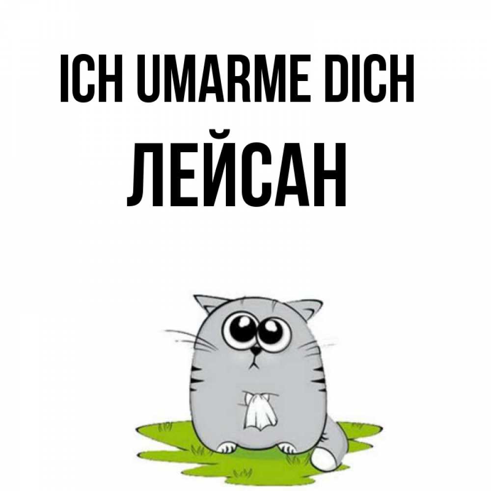 Открытка на каждый день с именем, Лейсан Ich umarme dich котик теребит платочек сидя на травке Прикольная открытка с пожеланием онлайн скачать бесплатно 