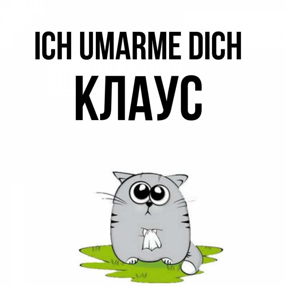 Открытка на каждый день с именем, Клаус Ich umarme dich котик теребит платочек сидя на травке Прикольная открытка с пожеланием онлайн скачать бесплатно 