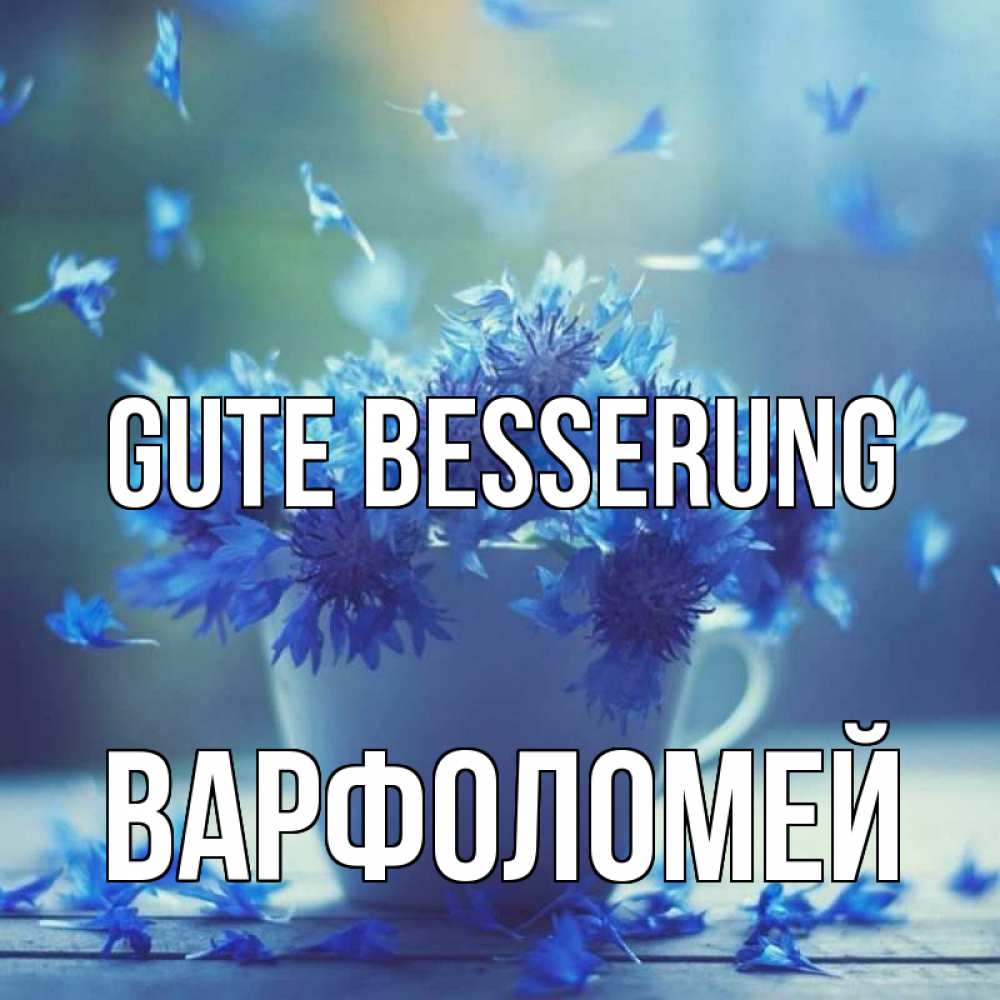 Открытка на каждый день с именем, Варфоломей Gute Besserung кружка с зельем и цветами Прикольная открытка с пожеланием онлайн скачать бесплатно 