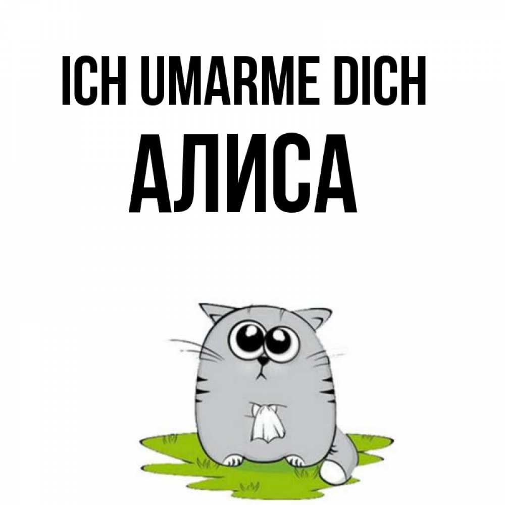 Открытка на каждый день с именем, Алиса Ich umarme dich котик теребит платочек сидя на травке Прикольная открытка с пожеланием онлайн скачать бесплатно 