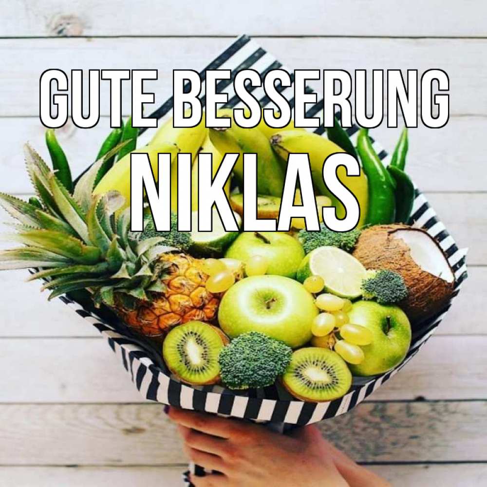 Открытка на каждый день с именем, Niklas Gute Besserung киви ананас кокос и бананы Прикольная открытка с пожеланием онлайн скачать бесплатно 