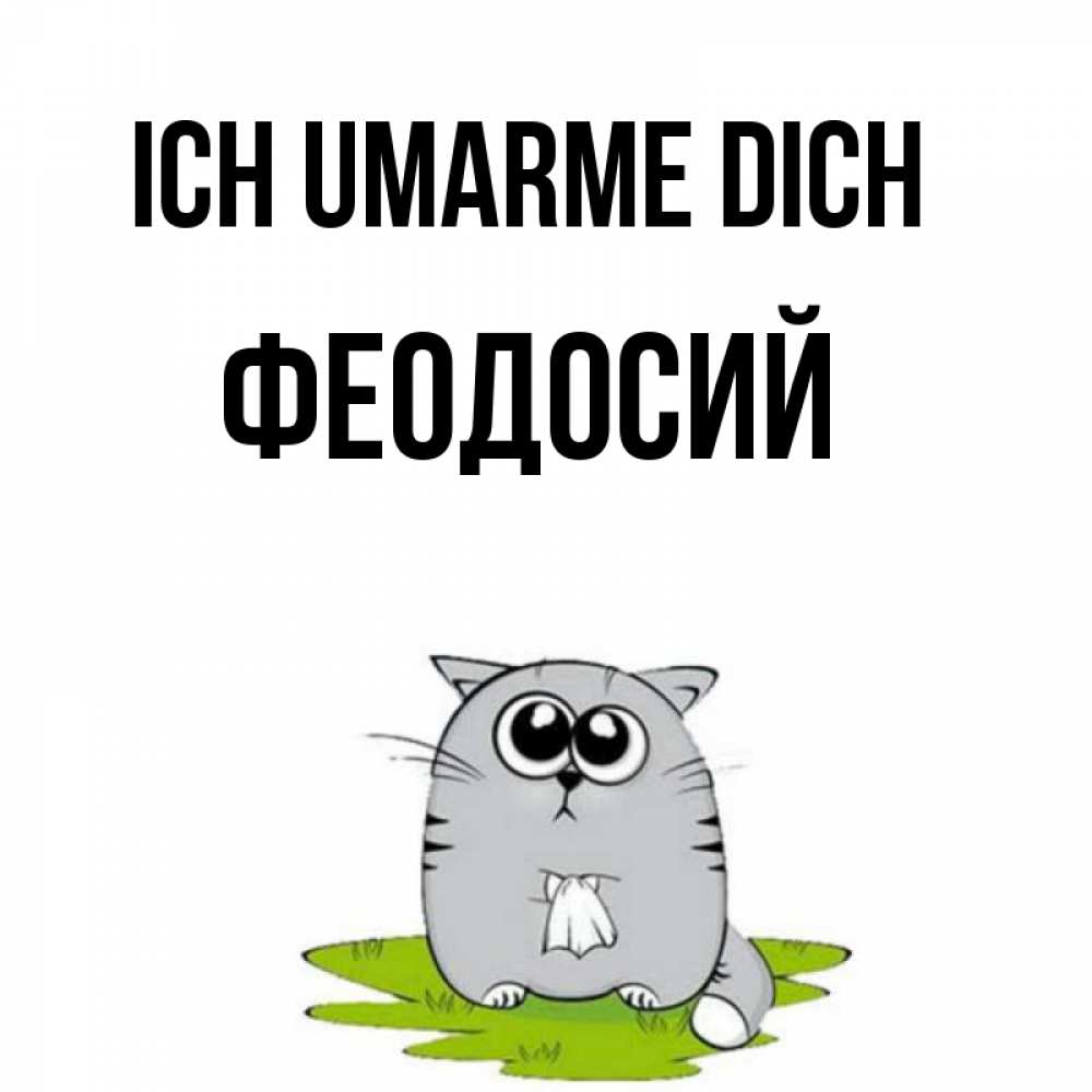 Открытка на каждый день с именем, Феодосий Ich umarme dich котик теребит платочек сидя на травке Прикольная открытка с пожеланием онлайн скачать бесплатно 