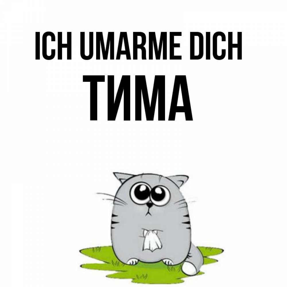Открытка на каждый день с именем, Тима Ich umarme dich котик теребит платочек сидя на травке Прикольная открытка с пожеланием онлайн скачать бесплатно 