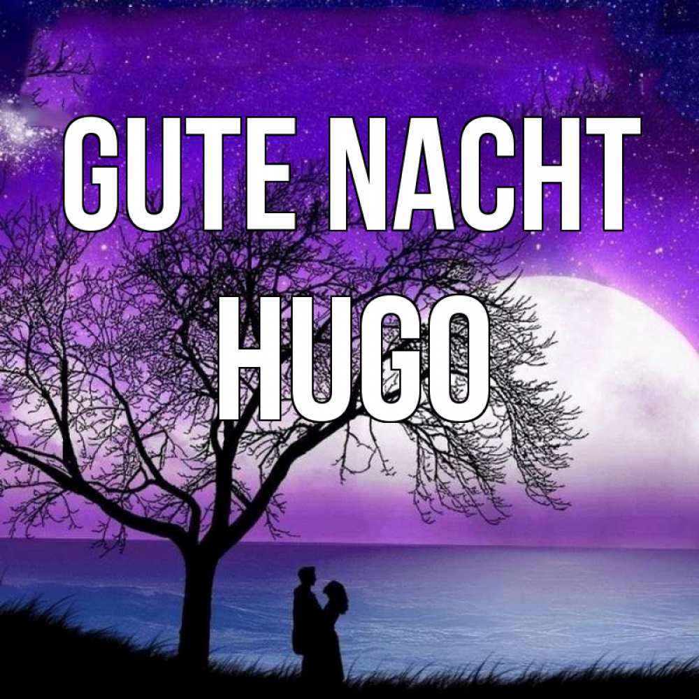 Открытка на каждый день с именем, Hugo Gute Nacht огромная луна и парочка Прикольная открытка с пожеланием онлайн скачать бесплатно 