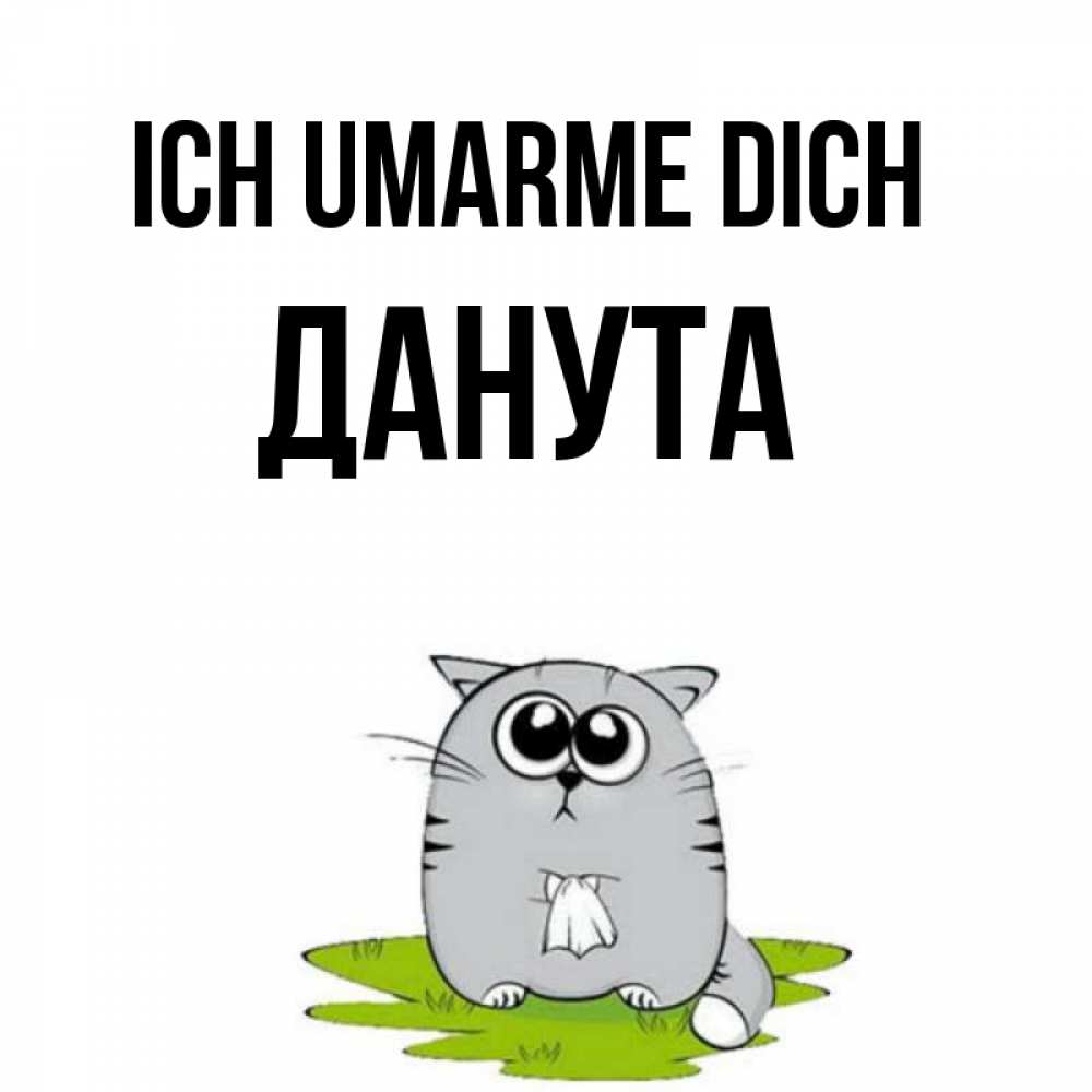 Открытка на каждый день с именем, Данута Ich umarme dich котик теребит платочек сидя на травке Прикольная открытка с пожеланием онлайн скачать бесплатно 