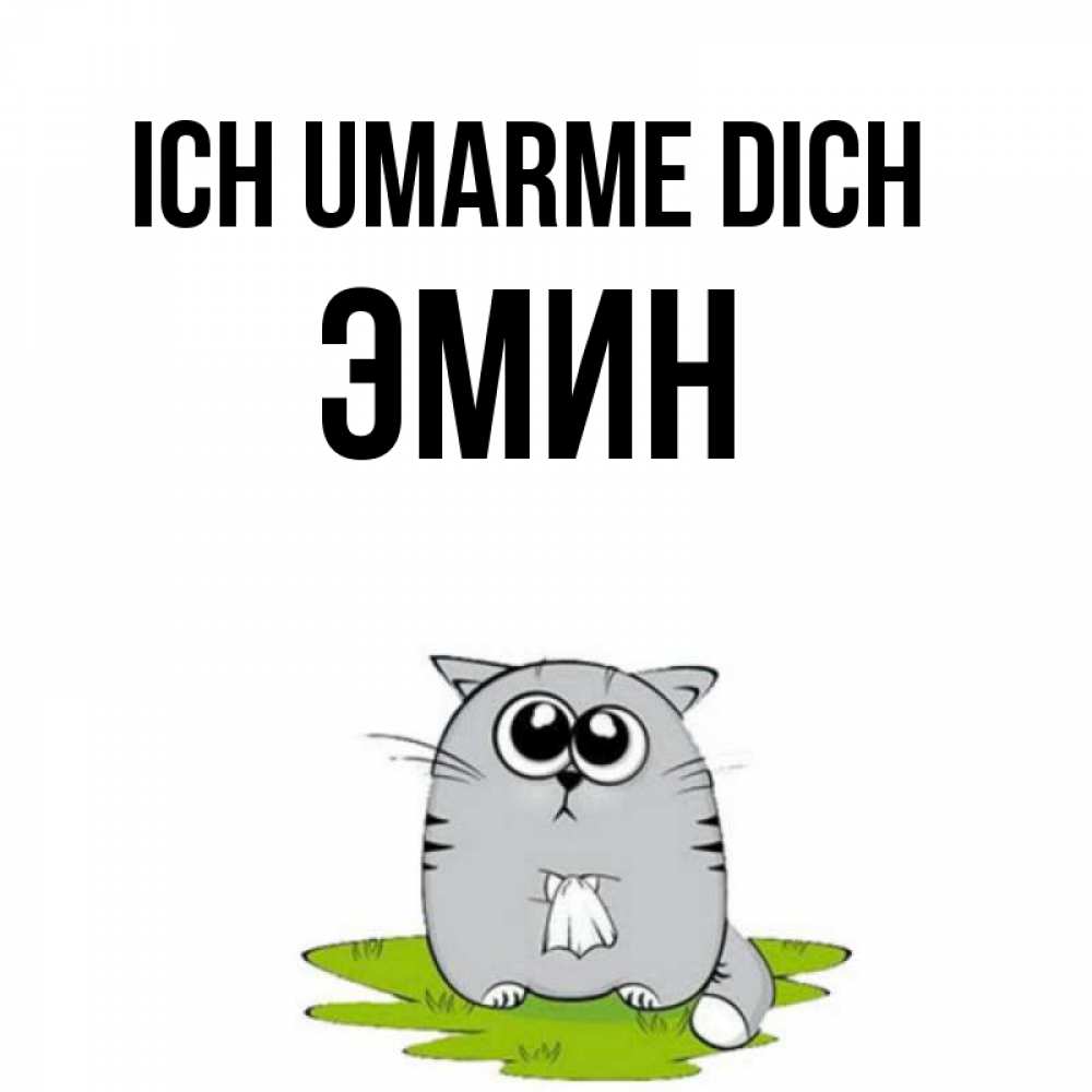 Открытка на каждый день с именем, Эмин Ich umarme dich котик теребит платочек сидя на травке Прикольная открытка с пожеланием онлайн скачать бесплатно 