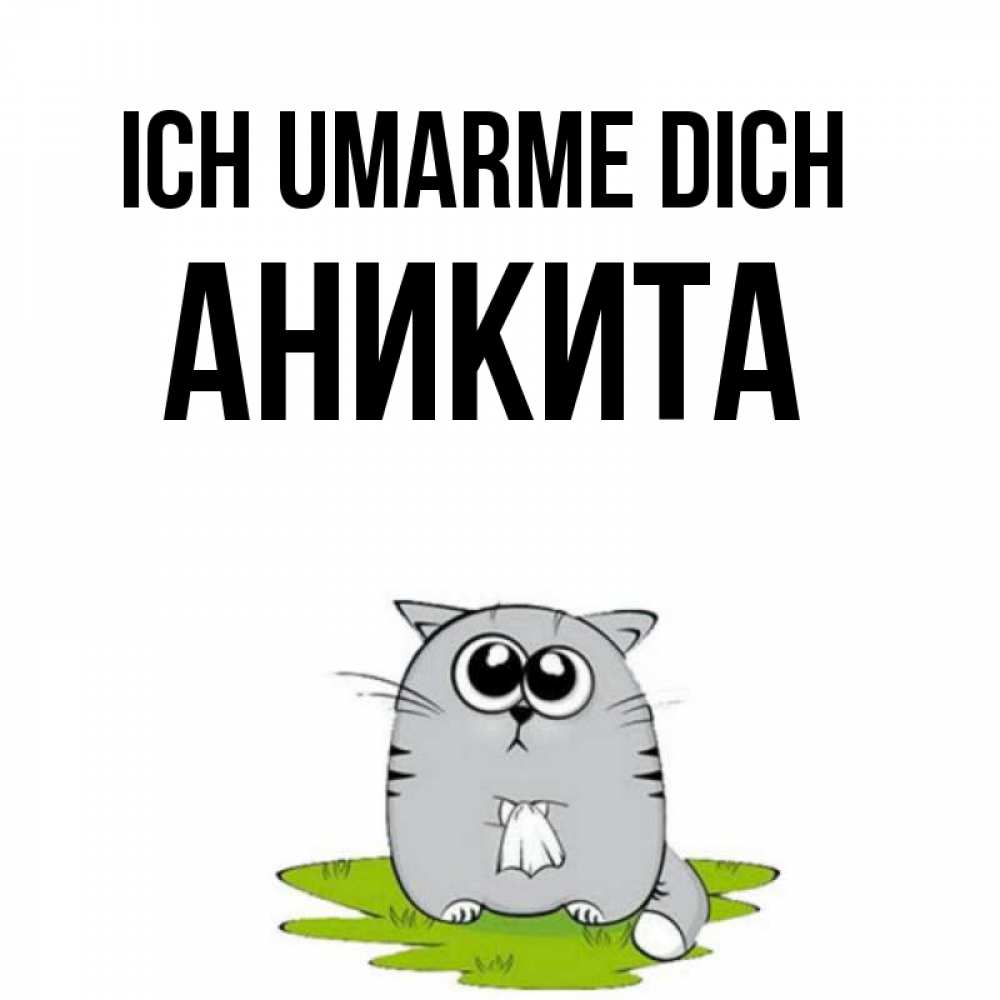 Открытка на каждый день с именем, Аникита Ich umarme dich котик теребит платочек сидя на травке Прикольная открытка с пожеланием онлайн скачать бесплатно 